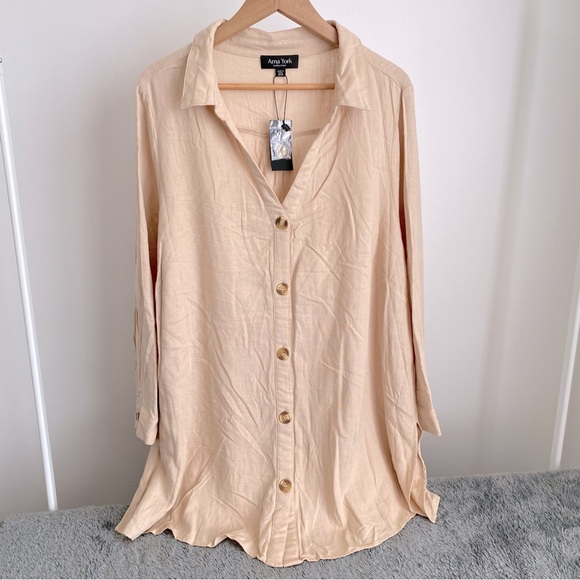 Arna York Women's Viscose-Linen Long Sleeve Button Down Shirt, Tan, Size 22/24 - Picture 1 of 10